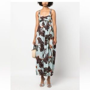 TELA Light Blue Brown Floral Maxi Dress Flowy Aqua Floral Dress XS